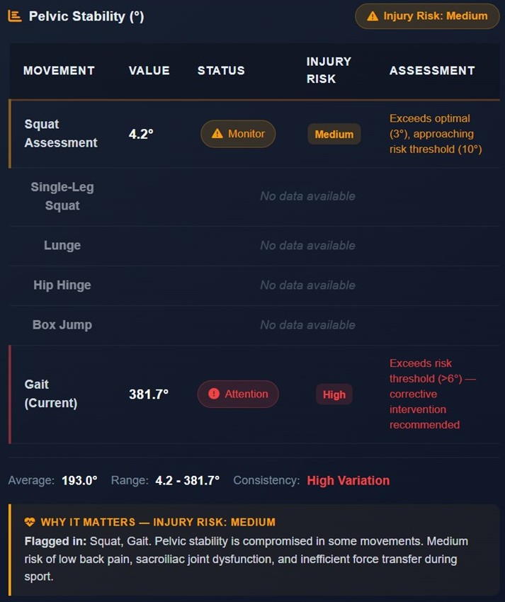Comprehensive movement analysis with biomechanical data visualization